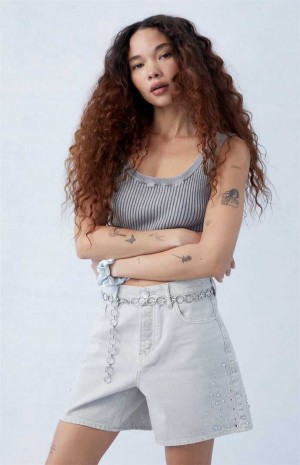 Dámské Kalhoty PacSun Eco Gray Rhinestone High Waisted Relaxed Jorts Bílé | 62IXUDSPA