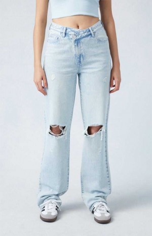 Dámské Kalhoty PacSun Eco Light Indigo Ripped Asymmetrical Waistband '90s Boyfriend Indigo | 31AEMPYDK