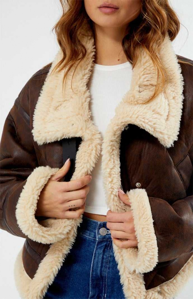 Dámské Bundy PacSun Faux Læder Sherpa Moto Hnědé Hnědé | 34WBPAGZK