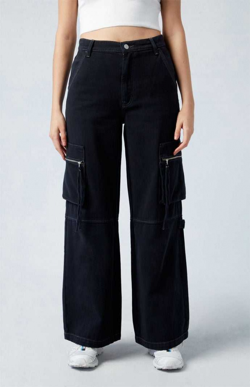 Dámské Kalhoty PacSun Black High Waisted Široké Leg Cargo Černé | 59UFIZXWC