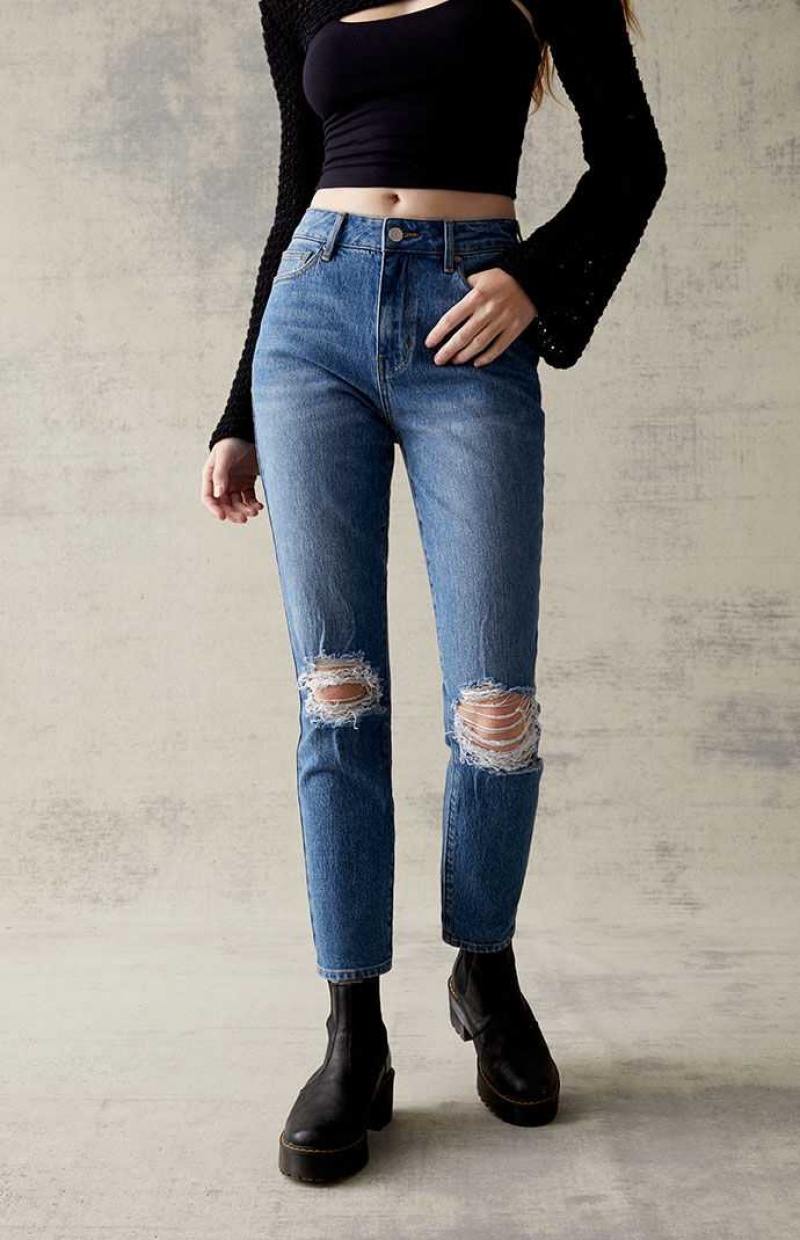 Dámské Kalhoty PacSun Eco Dark Blue Stretch Ripped Mom Indigo | 80UEJWVHR