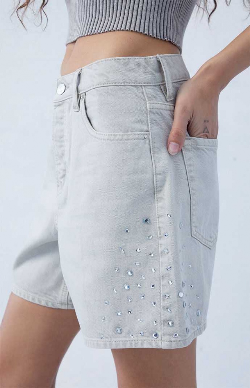 Dámské Kalhoty PacSun Eco Gray Rhinestone High Waisted Relaxed Jorts Bílé | 62IXUDSPA