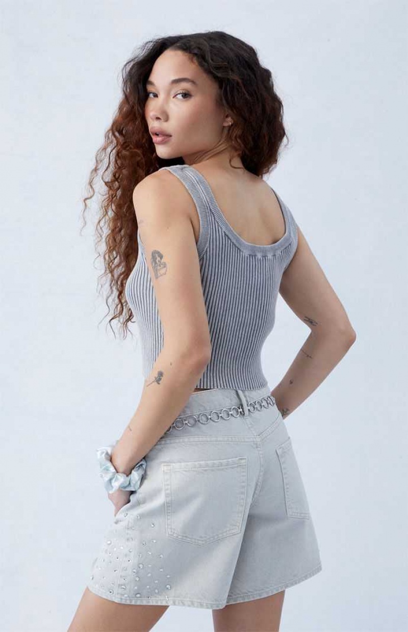 Dámské Kalhoty PacSun Eco Gray Rhinestone High Waisted Relaxed Jorts Bílé | 62IXUDSPA