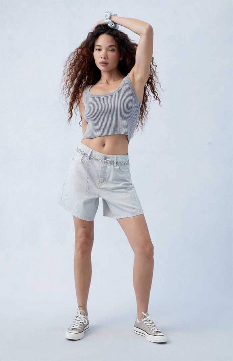 Dámské Kalhoty PacSun Eco Gray Rhinestone High Waisted Relaxed Jorts Bílé | 62IXUDSPA