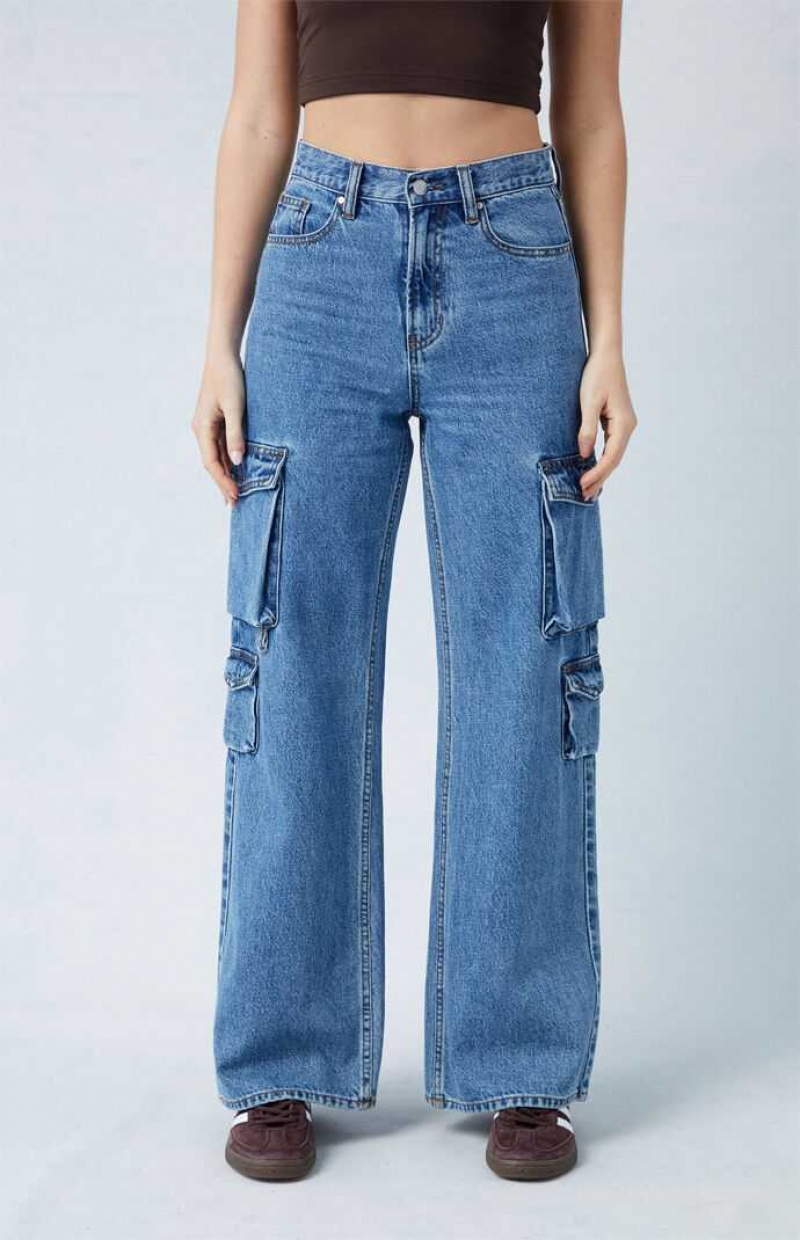 Dámské Kalhoty PacSun Medium Indigo Široké Leg Cargo Indigo | 12LGWBVHN