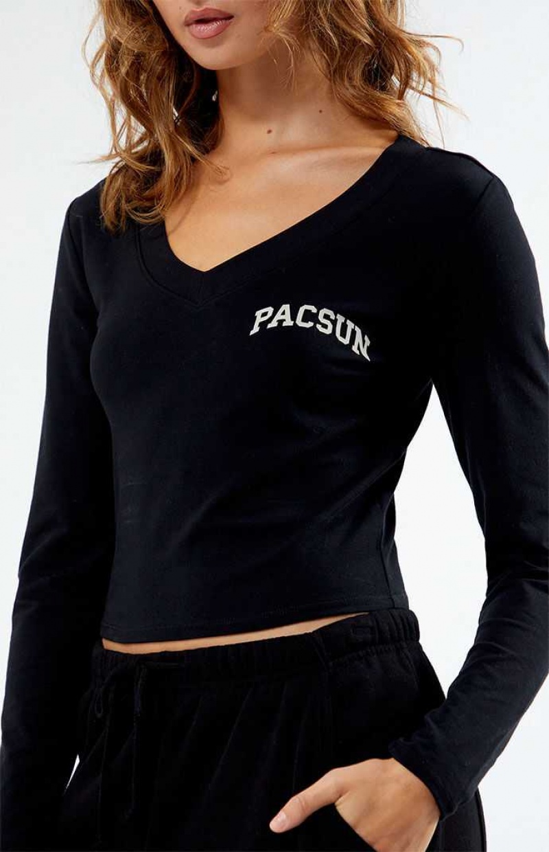 Dámské Topy PacSun Long Sleeve V-Neck Černé | 07JCUVLBG