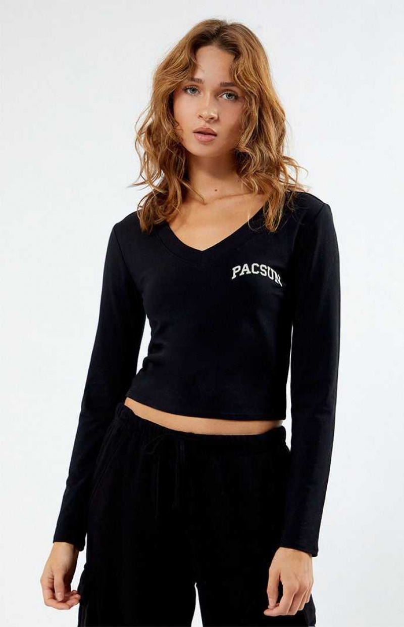 Dámské Topy PacSun Long Sleeve V-Neck Černé | 07JCUVLBG