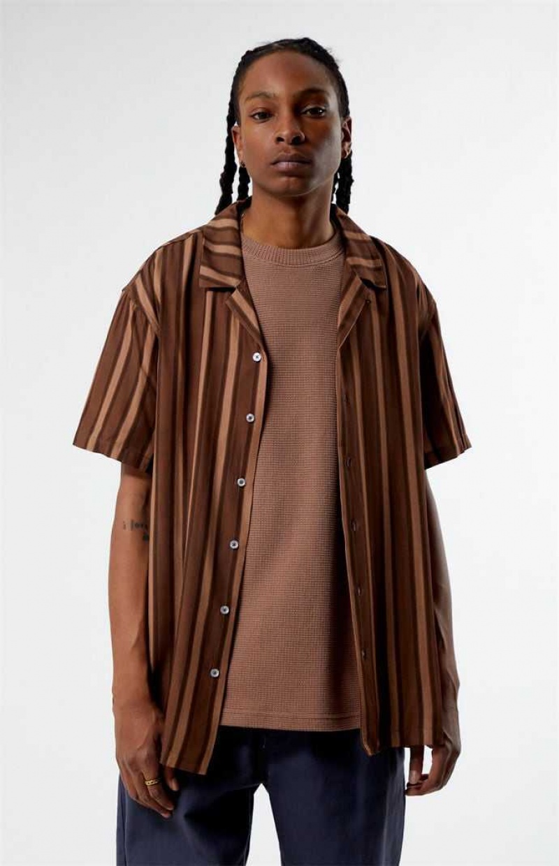 Pánské Košile PacSun Brown Viscose Stripe Camp Hnědé | 61BKZMWJO