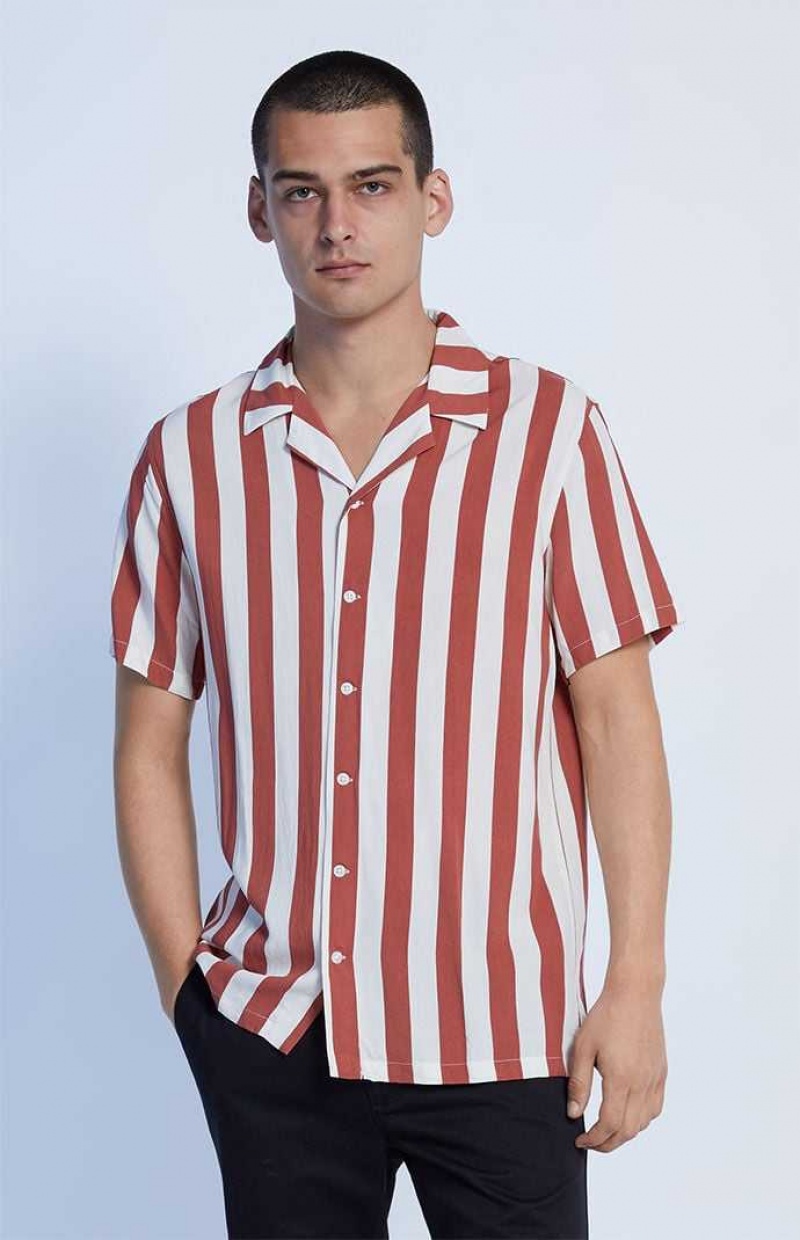 Pánské Košile PacSun Burnt Red Stripe Camp Krém Červené | 47JHQPAYR