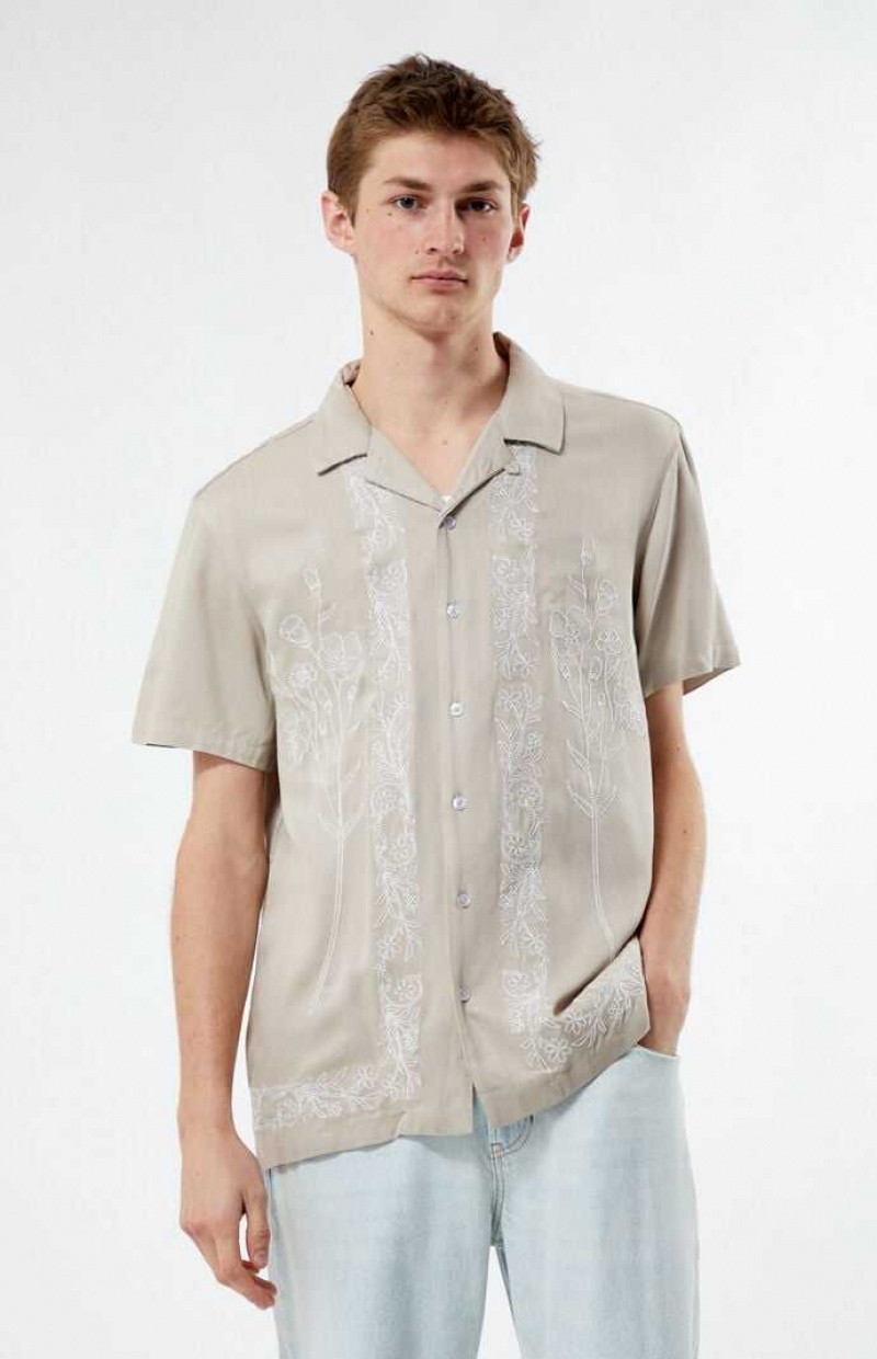 Pánské Košile PacSun Gray Stitch Pattern Woven Camp Šedé | 74VXISPGJ