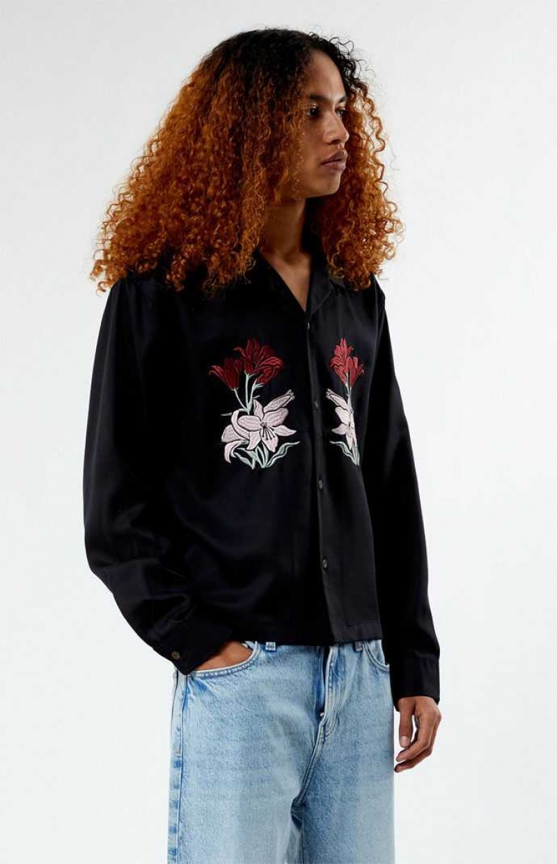 Pánské Košile PacSun Silver Lake Embroidered Long Sleeve Camp Černé | 53FOYSMLN