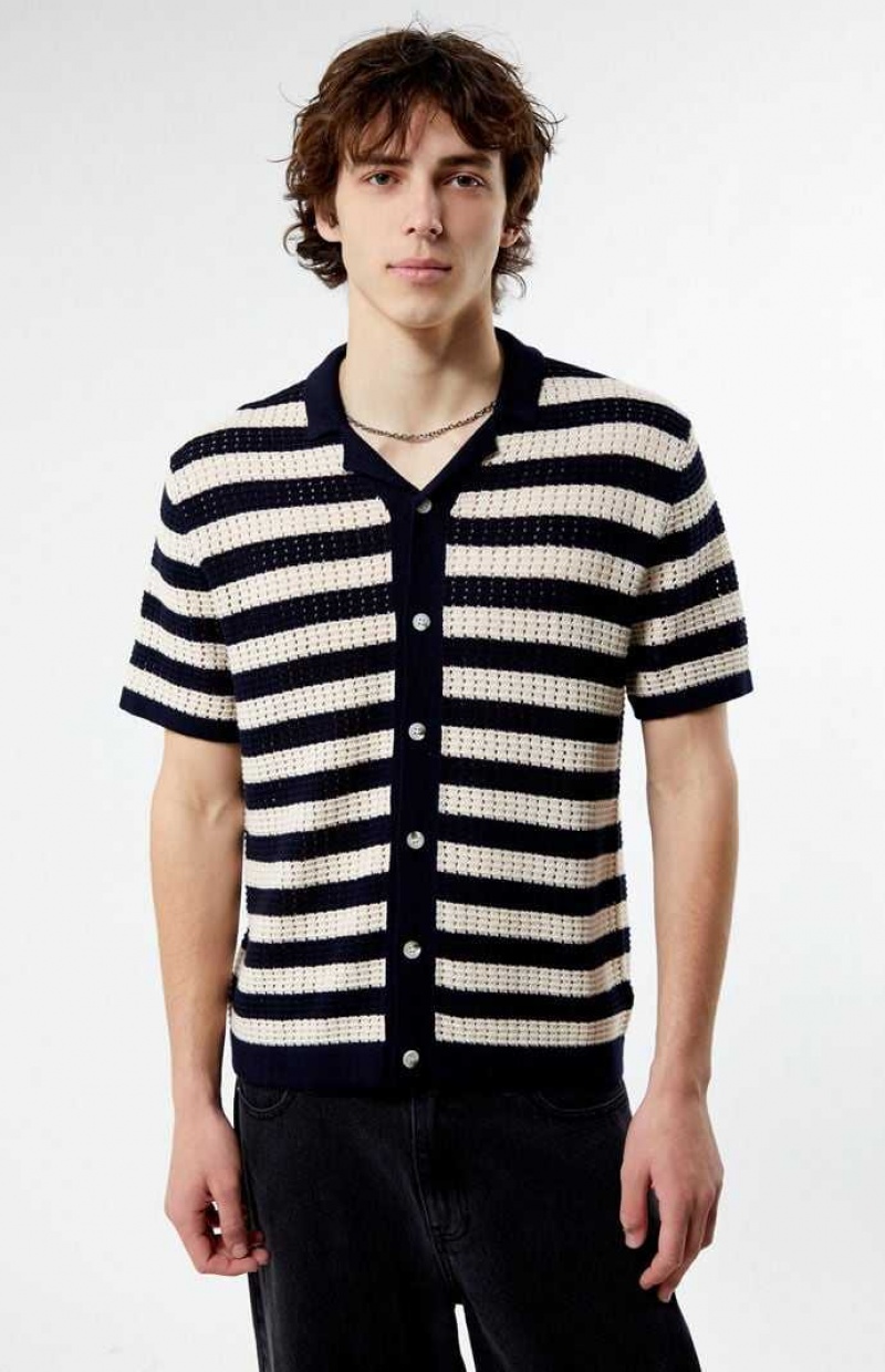 Pánské Košile PacSun Stripe Open Knit Button Down Krém | 80BNPDRYU