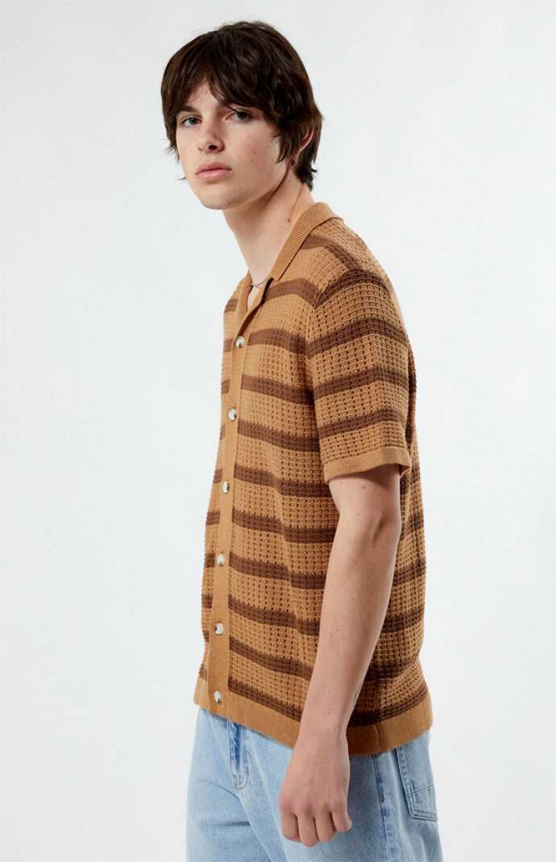 Pánské Košile PacSun Stripe Open Knit Camp Hnědé Hnědé | 85PZBIJQY