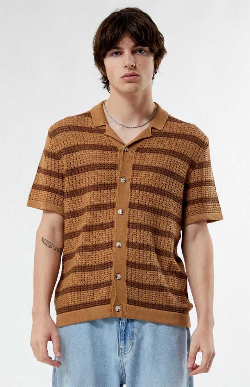 Pánské Košile PacSun Stripe Open Knit Camp Hnědé Hnědé | 85PZBIJQY