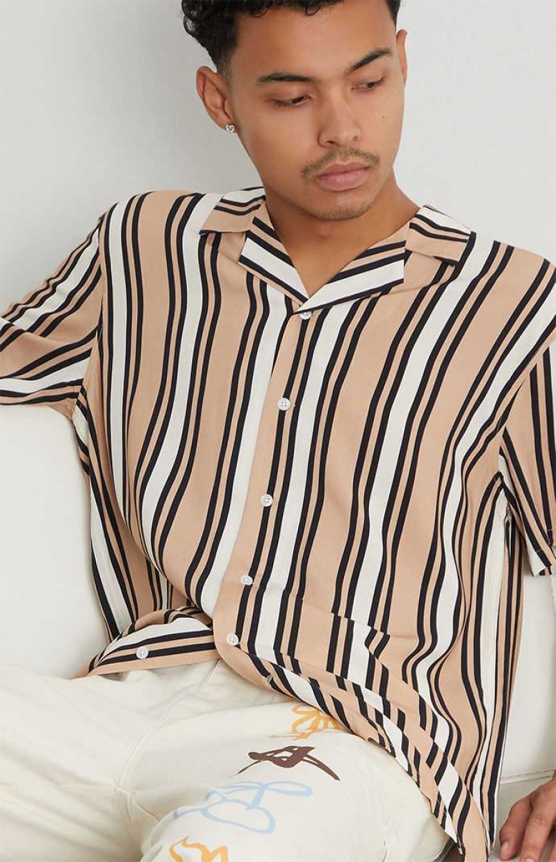 Pánské Košile PacSun Tan Stripe Woven Camp Hnědé | 19JXOTIHU