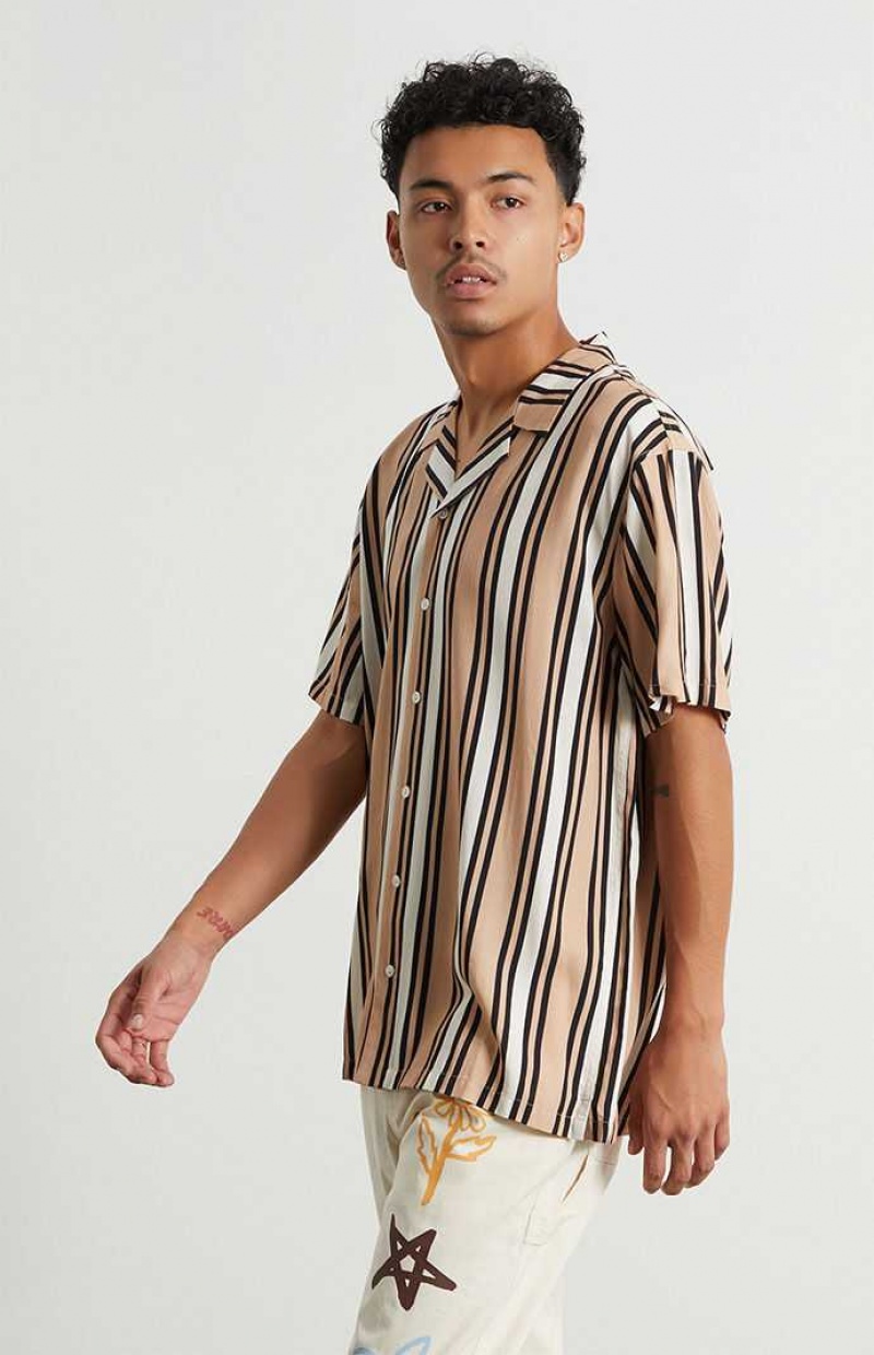 Pánské Košile PacSun Tan Stripe Woven Camp Hnědé | 19JXOTIHU