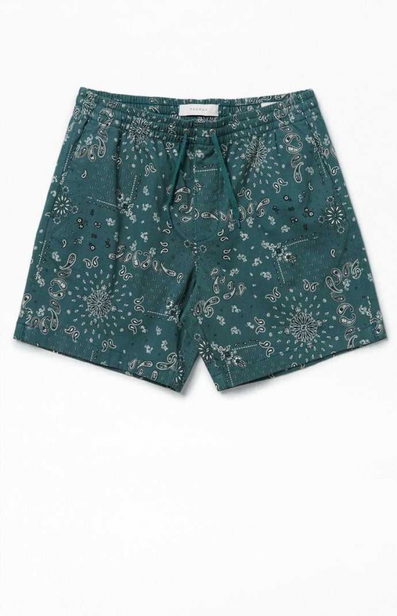 Pánské Kraťasy PacSun Green Reed Printed Twill Volley Zelene | 57OGWBZHR