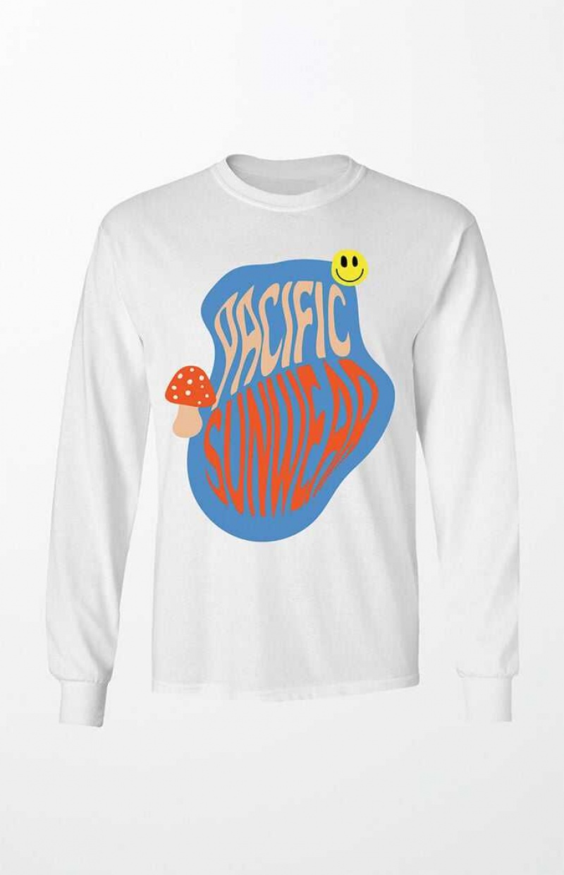 Pánské T-shirt PacSun Pacific Sunwear Smiley Shrooms Long Sleeve Bílé | 25QEVRPSF